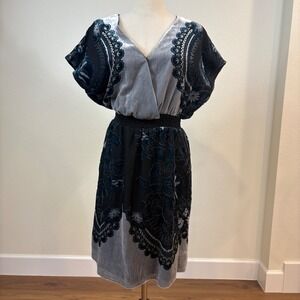 Le Lis Blanc Velvet Burnout Dress P Grey Black Floral V-Neck Boho whimsigoth